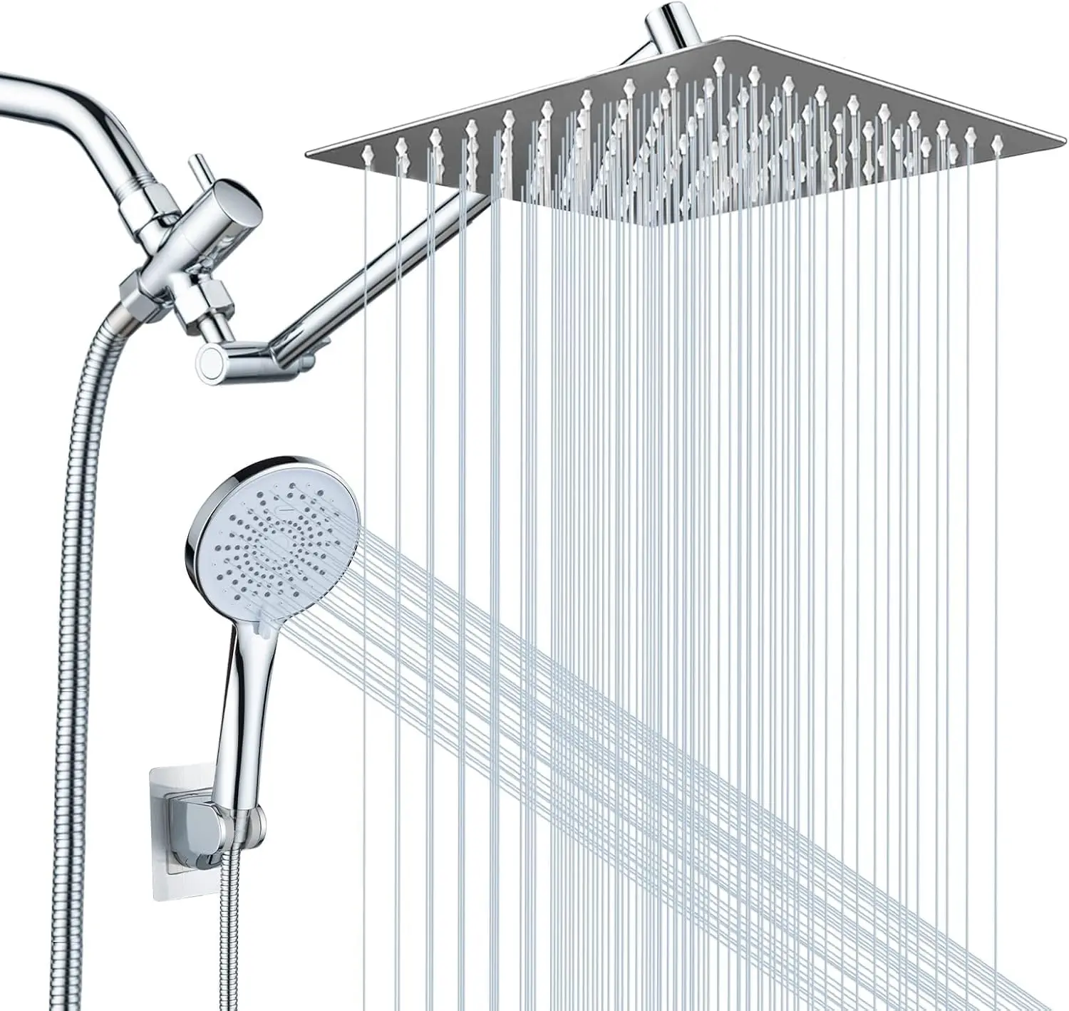 

10 Inch High Pressure Rain Shower Head Combo with 11 Inch Adjustable Extension Arm, 5-Setting Handheld Shower with Long Hose