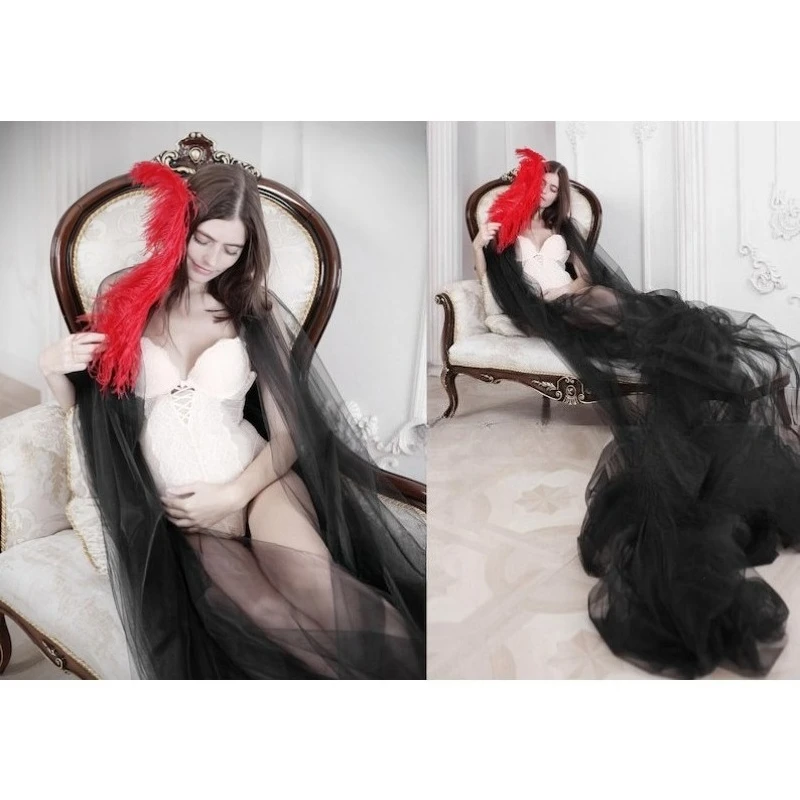 Gothic Maternity Tulle Dress, Sheer Split Front Photoshoot Gown for Pregnancy Photography, Victorian Style Lace Wrap Clothing