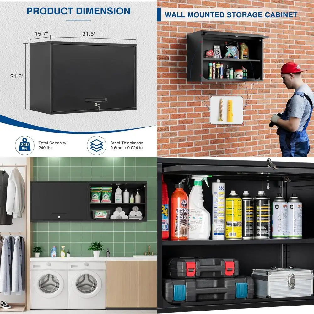

Black Metal Wall-Mounted Storage Cabinet with Shelf and Lock, Garage & Office Use, Assembly Needed