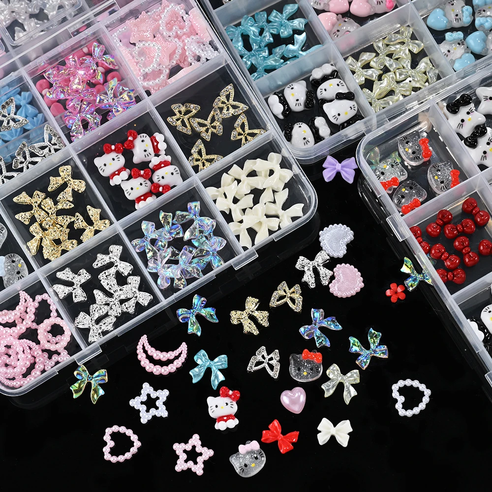 12Girds/Box Y2K Hello Kitty Nagelaccessoires Strik/Kers/Bloem Nail Gem Charms Kawaii Gemengde Manicure DlY Nagelonderdelen voor meisje