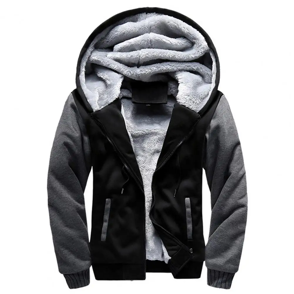 Men Jacket Hooded Fleece Lining Extra Thick Winter Coat Drawstring Zipper Fly Cardigan Contrast Colors Winter Sports Jackets