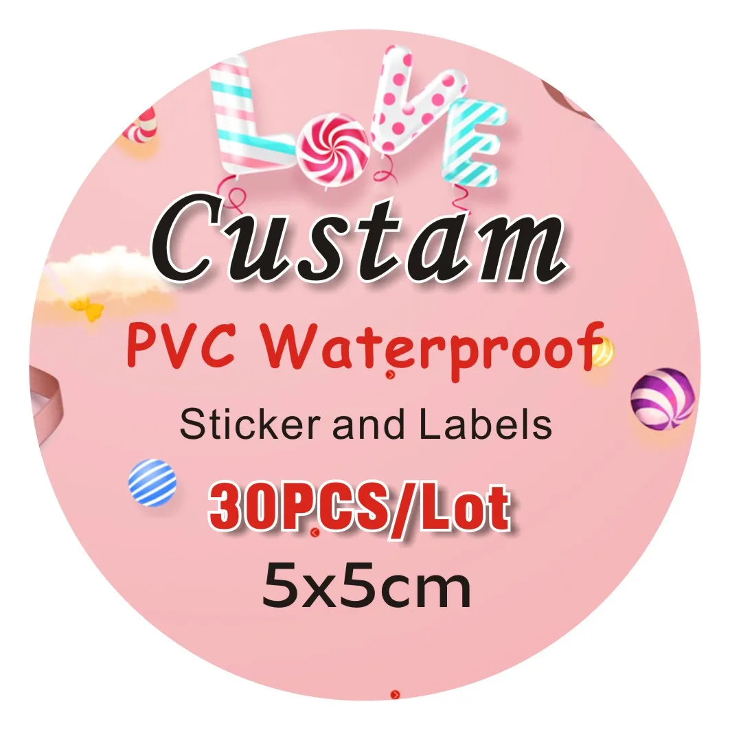 30 buah 5x5cm PVC stiker tahan air logo kustom pernikahan kotak hadiah ulang tahun stiker desain ukuran kustom