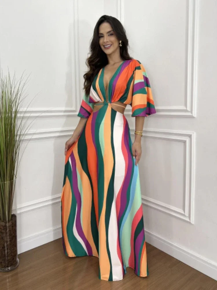 2025 Abito lungo elegante e sexy delle nuove donne di moda estiva 2025, scollo a V, temperamento stampato, abito lungo a mezza manica con blocco colore