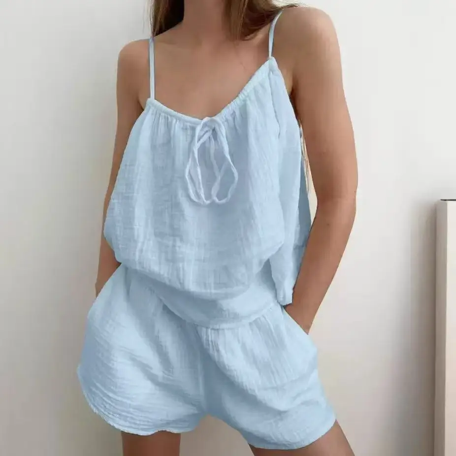 2026 summer European and American sexy neck vest pajamas sleeveless double yarn shorts 2