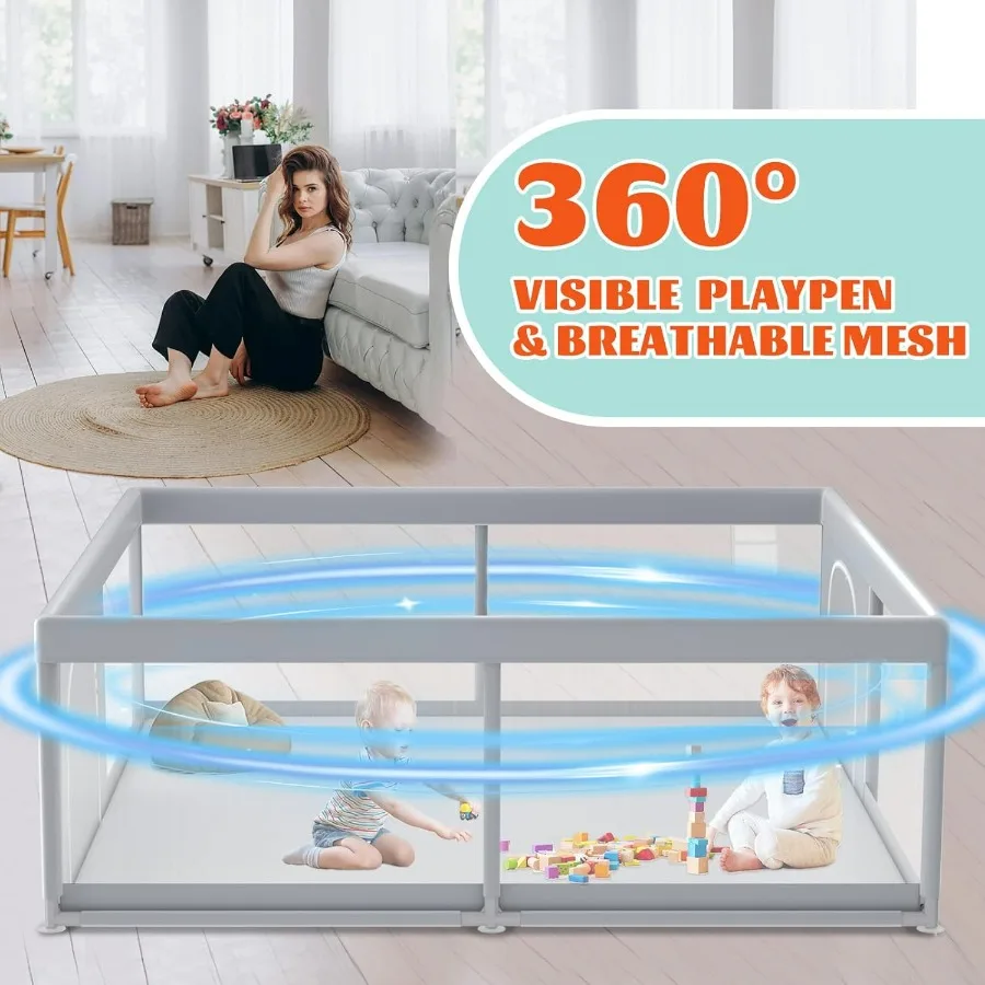 Parc pour bébé, parc extra large 79''x79'' pour bébés et tout-petits, stylo de jeu pour clôture pour bébé pour intérieur et extérieur, avec une respiration douce