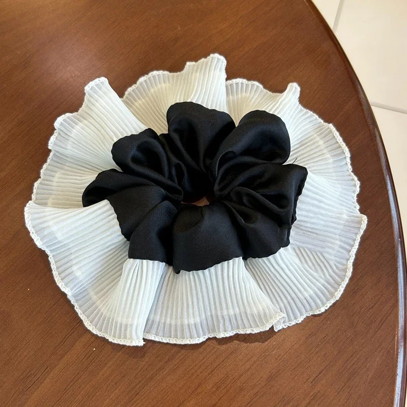Black and white pleated lace hair ring for women Simplicity High Ponytail Hair Rope Fashion Girl hair tie Hair accessories