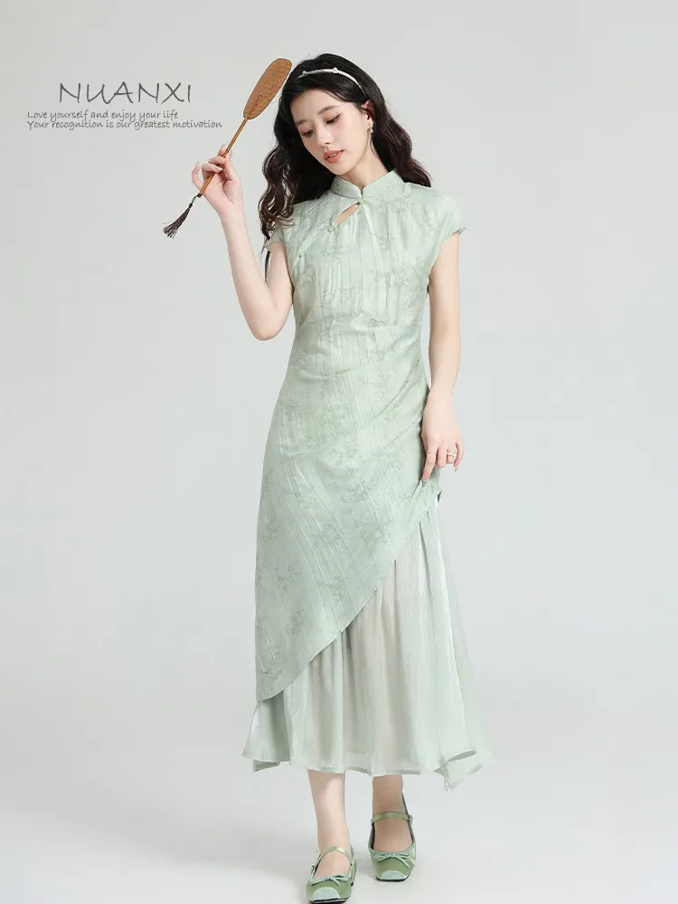 

Новое китайское зеленое платье Nuanxi в ретро-стиле с цветочным узором для молодых женщин, элегантное, высококачественное, летнее, коллекция 2026 года