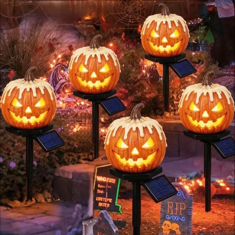 Halloween Metal Pumpkin Stake Decor LED Warm Pumpkin Solar Garden Stake Light, Outdoor Waterproof Amber Glow Auto Dusk Dawn Path