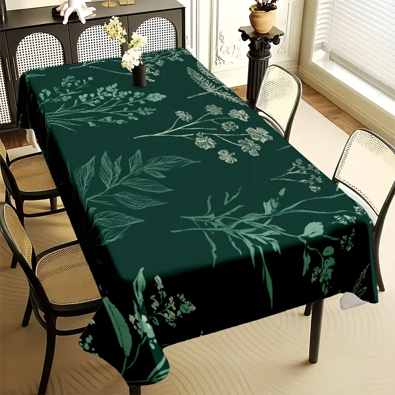 Dark Green Sketch Botanical Tablecloth, Elegant Light Green Line Drawn Wildflower Leaf Print Table Cover for Dining Kitchen Home