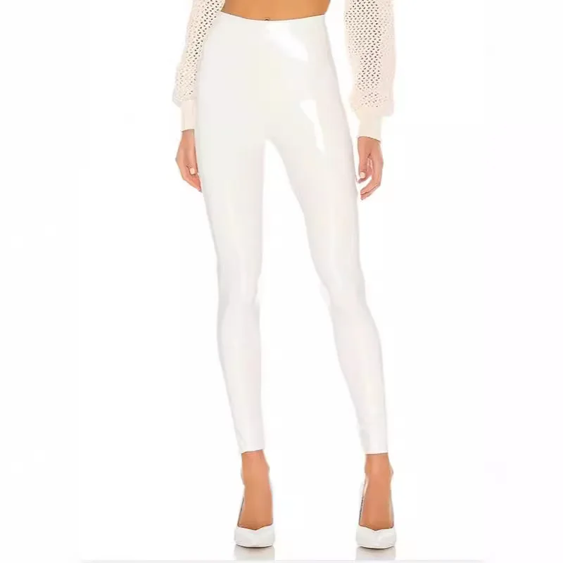 Pantalones blancos de cuero PU brillante para mujer, Leggings sexys ajustados de látex, elásticos, de cintura alta, ajustados, de PVC, Y2k2024