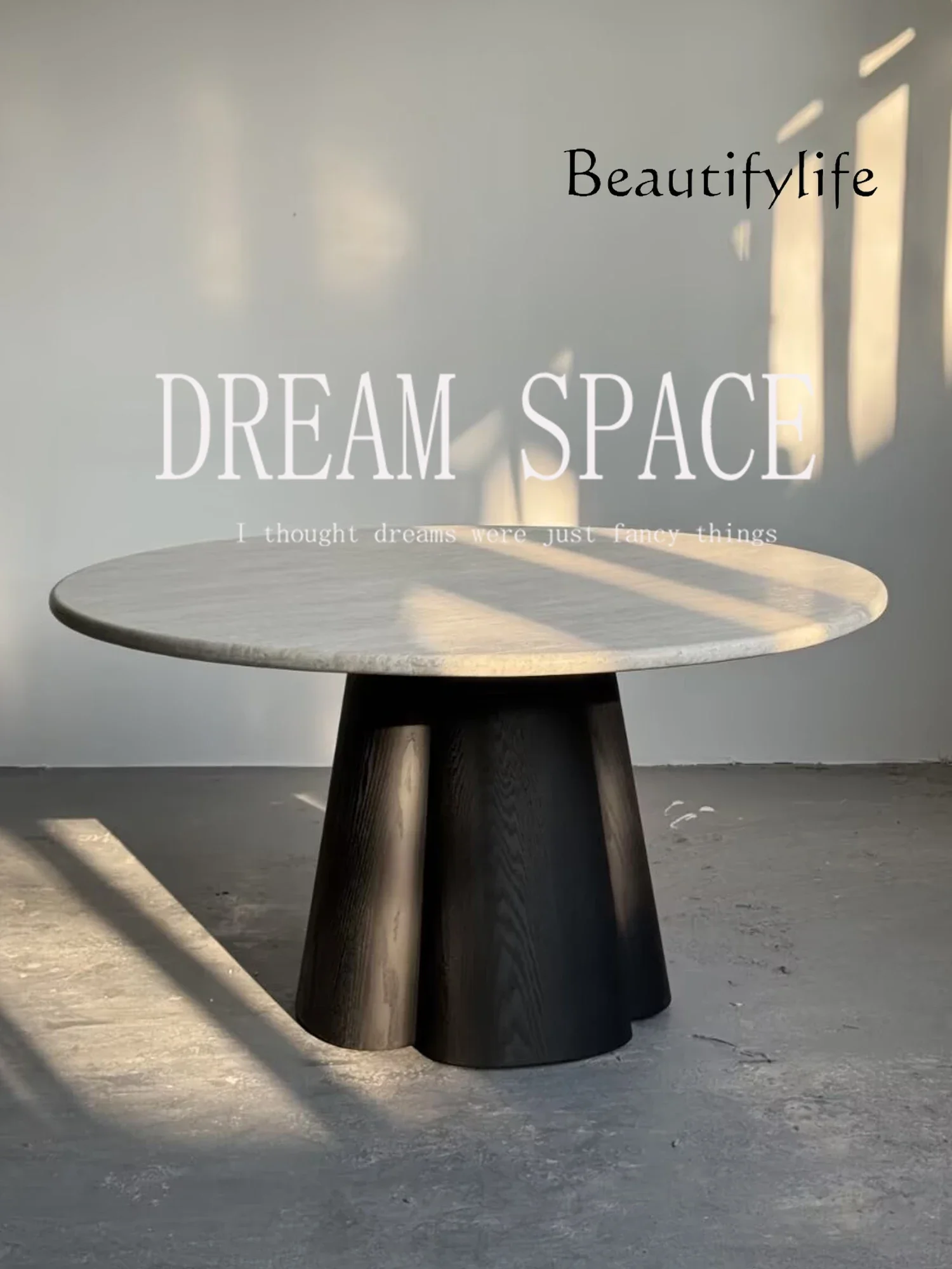 

BX Medieval Solid Wood Retro Round Dining Table Natural Marble French Dining Table Household Travertine Designer