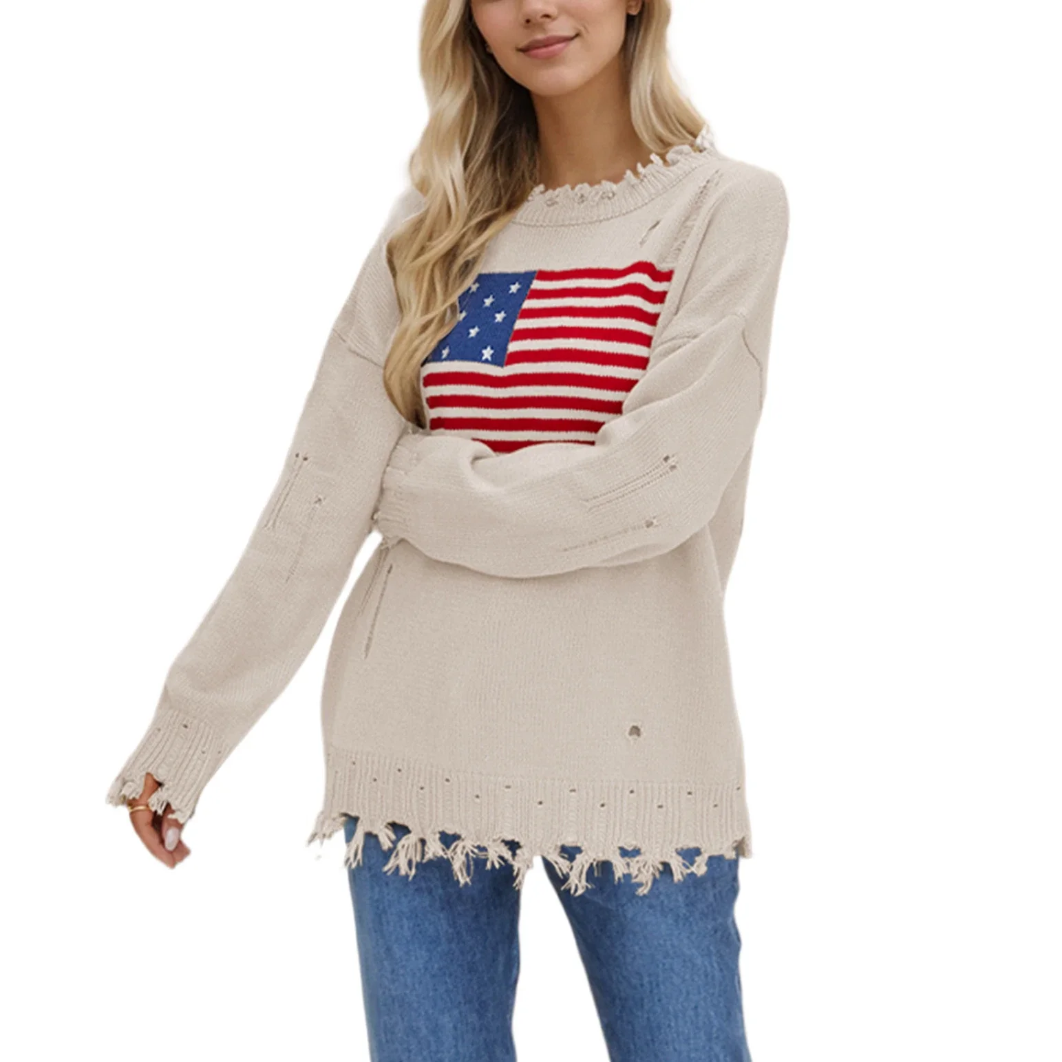 2024 Round Neck Fashion Print European and American Pullover Sweaters Distressed Long Sleeve Knitted Sweater Casual Loose Tops