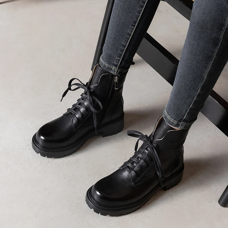 JOZHAMTA Size 33-41 Women Ankle Boots Genuine Leather Lace-Up Platform Shoes Thick Heels Fall Winter Short Booties Casual Office