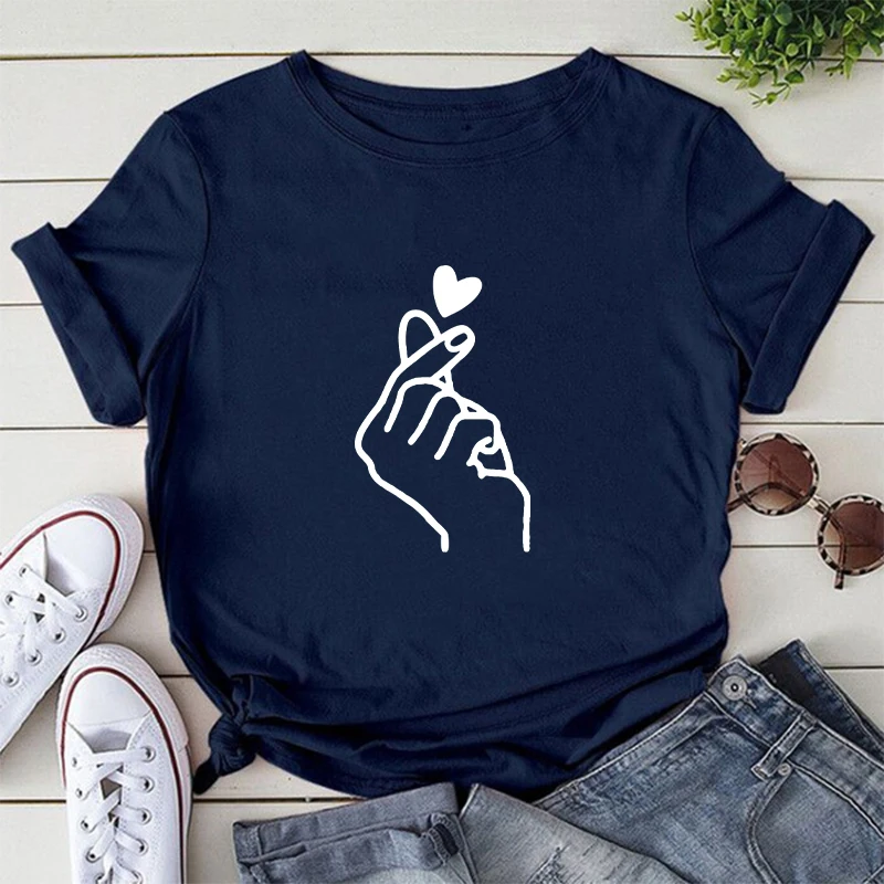 T-shirt à manches courtes pour femme, col rond, imprimé graphique d'amour, base décontractée, blanc