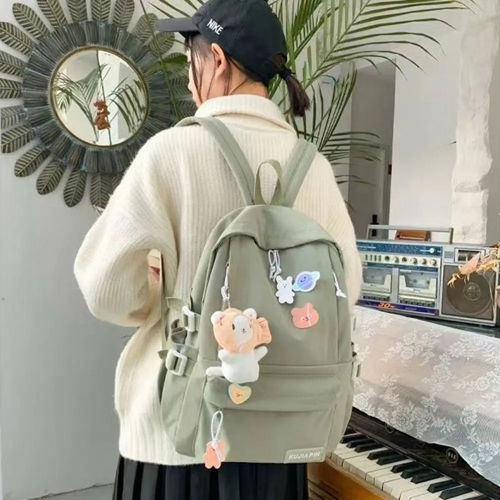 Cute Bear Pendant Solid Color Backpack Large Capacity Korean Style Students School Bag Badge Storage Bag Shoulder Bag Outdoor