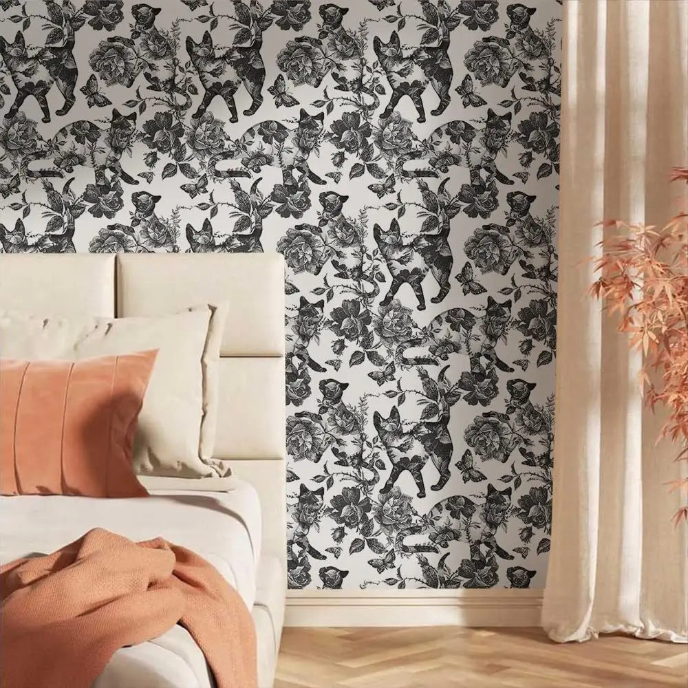 Black White Cat Rose Butterfly Peel and Stick Wallpaper Removable Contact Paper Kitten Floral Wall Sticker for Home Cabinet