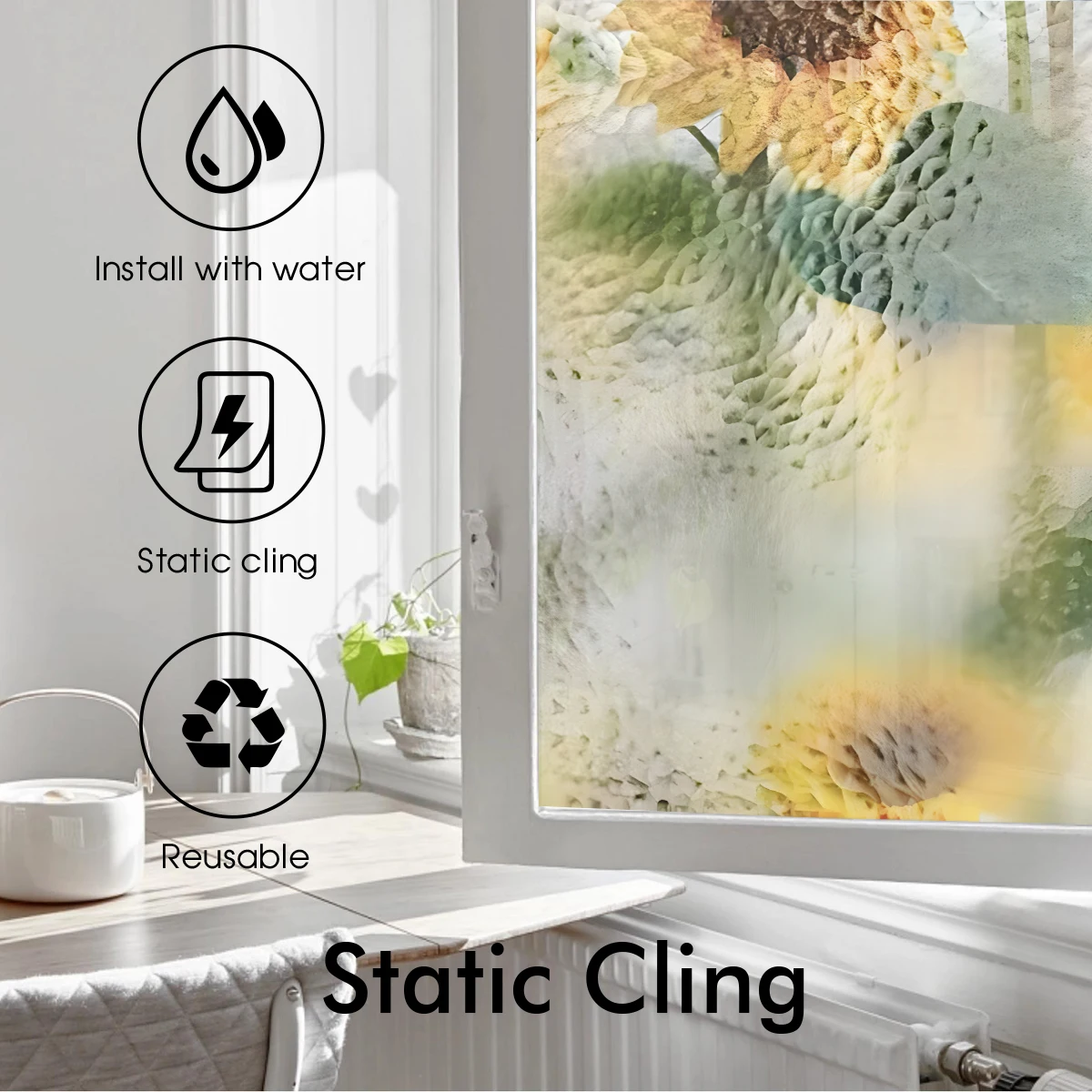 1 Roll Orange Background, Floral Plants, Sunflower Pattern Static Attraction Privacy Window Stickers Frosted Surface Window Film