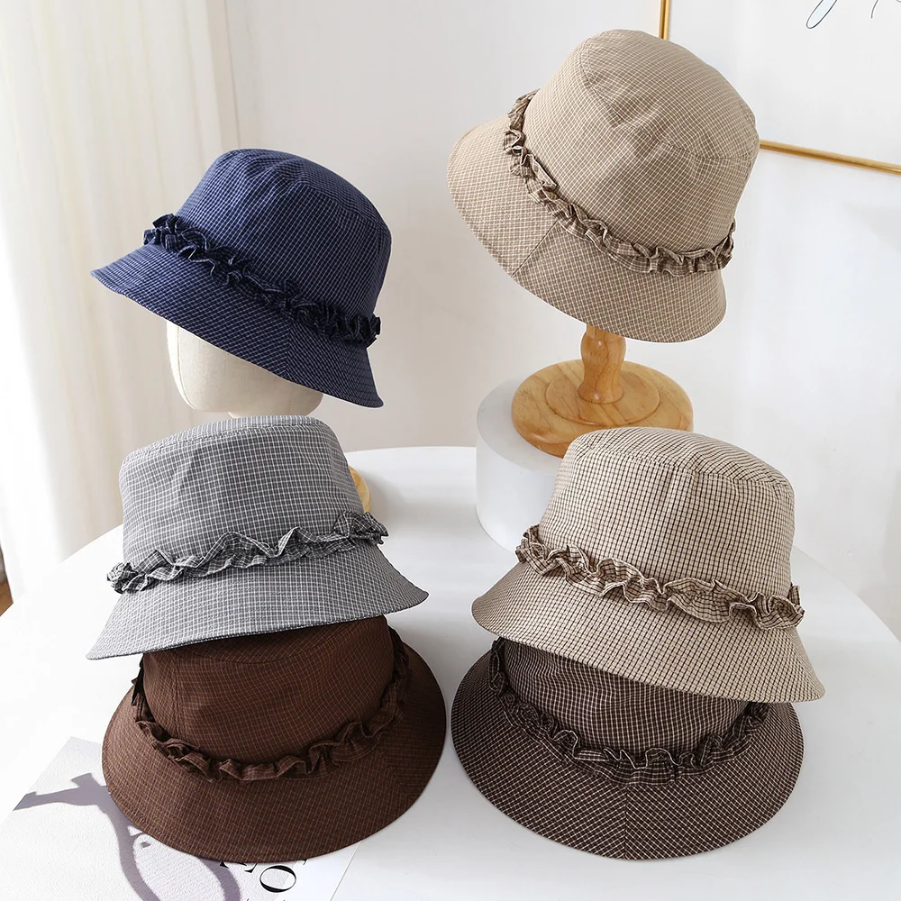 Women's Plaid Bucket Hat with Ruffle Windproof Versatile Spring Summer Fisherman Hat Sweet Sun Protection Pot Hats ﻿