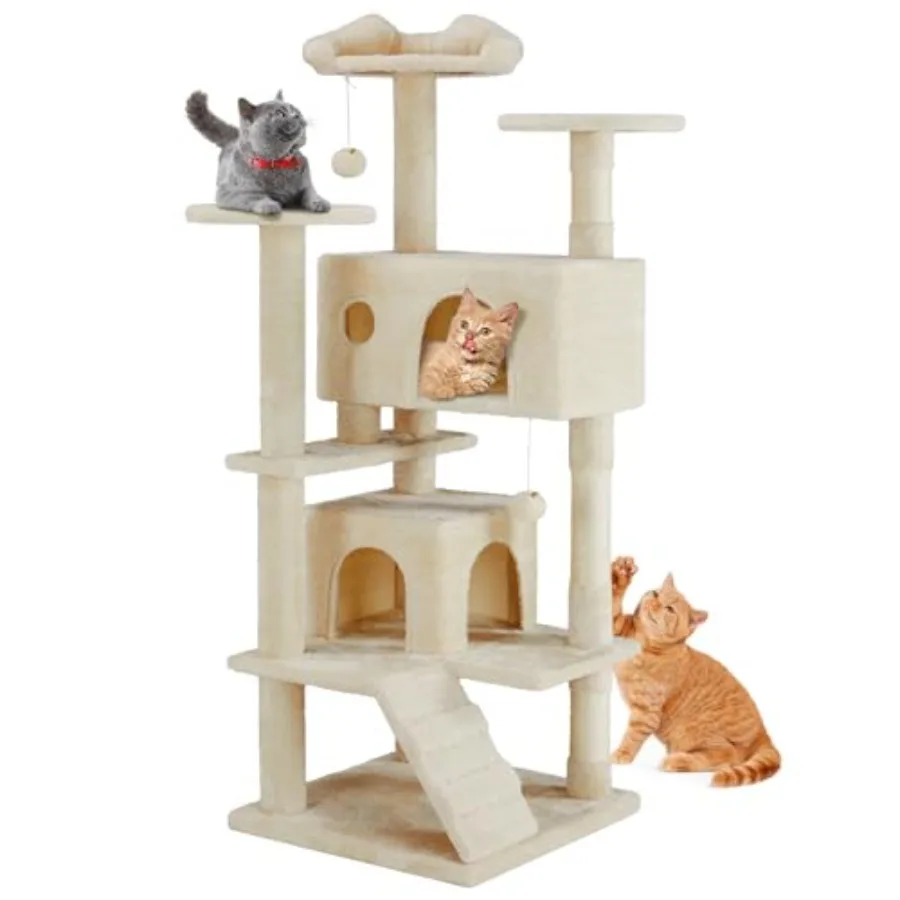 

Indoor Cat Tree Tower for Large Cats Multi-Level Pet House with 2 Condos Scratching Posts Round Platform Small Ladder and Toys
