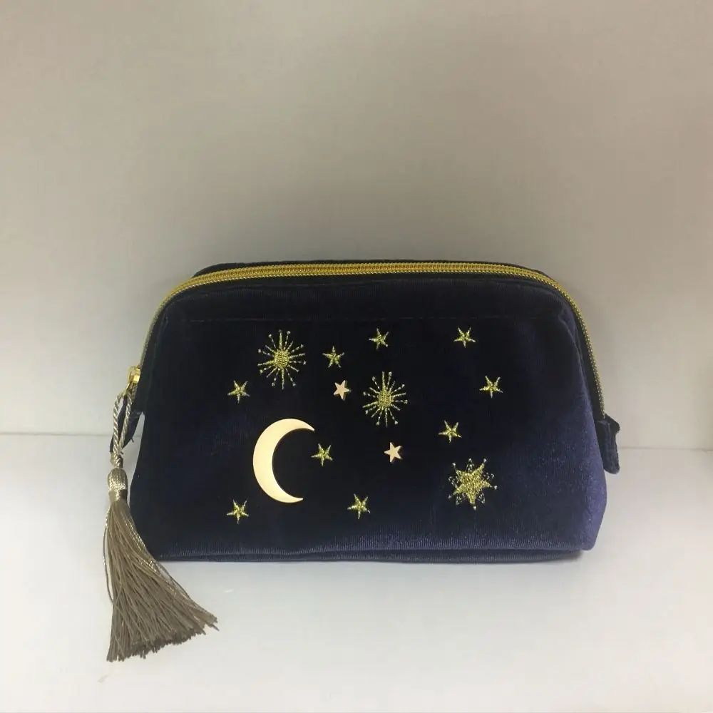 Cute Moon Star Cosmetic Bag Velvet Tassel Decoration Portable Travel Organizer Embroidery Large Capacity Lipstick Handbag Women