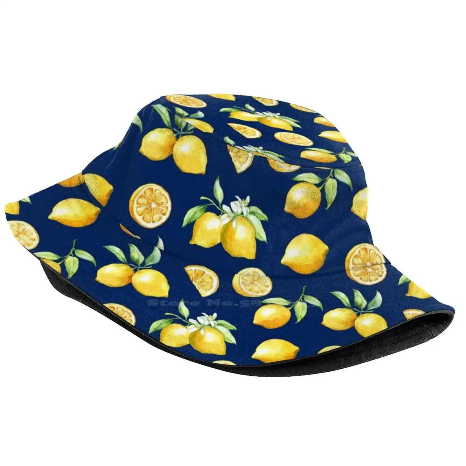 Lemons On Navy Background Unisex Fashion Women Men Breathable Bucket Hats Watercolor Yellow And Navy Lemons And Navy Chic Fun