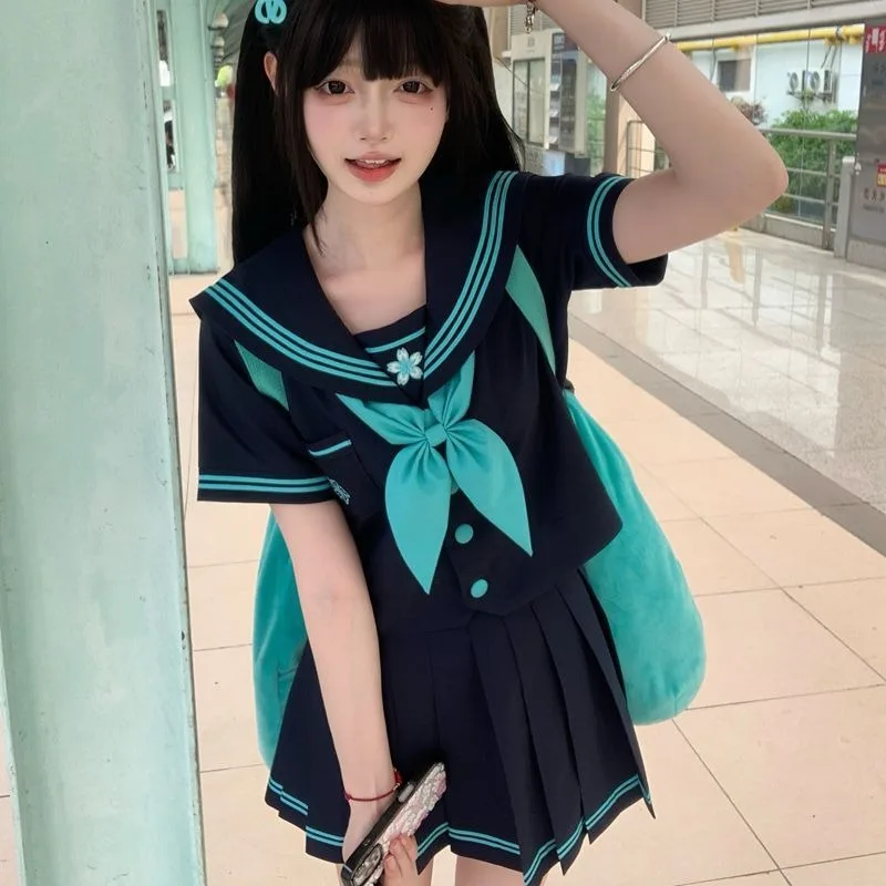 

JK Uniform Sailor Suit Genuine Japanese College Style Basic Student Short-sleeved Suit Cute Role Play Short-sleeved Summer Cyan