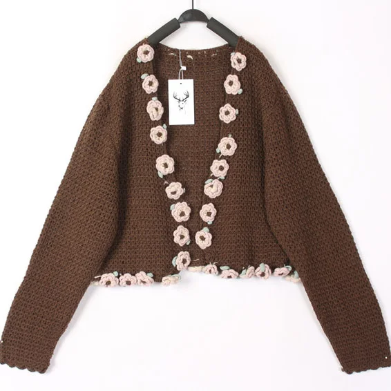 

Sweet Ethnic Style Vintage Knitted Wool Sweater Coat Hook Flower Design Oversized V-Neck Long Sleeve Warm Autumn Winter Women...