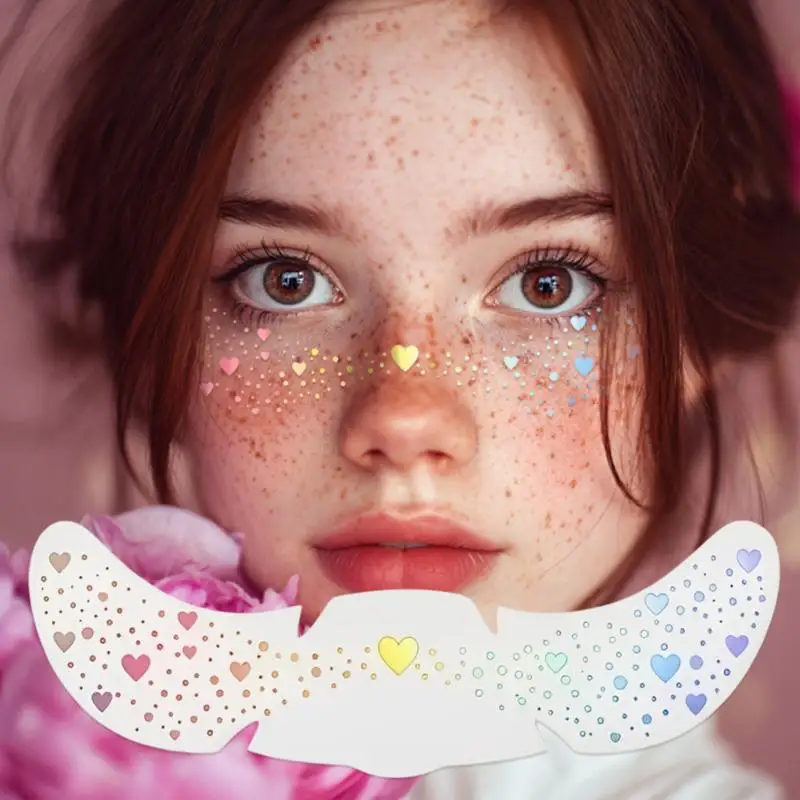 Tatuajes holográficos con forma de corazón, resistentes al agua, con purpurina y efecto de pecas, ideales como accesorio de maquillaje para fiestas de disfraces.