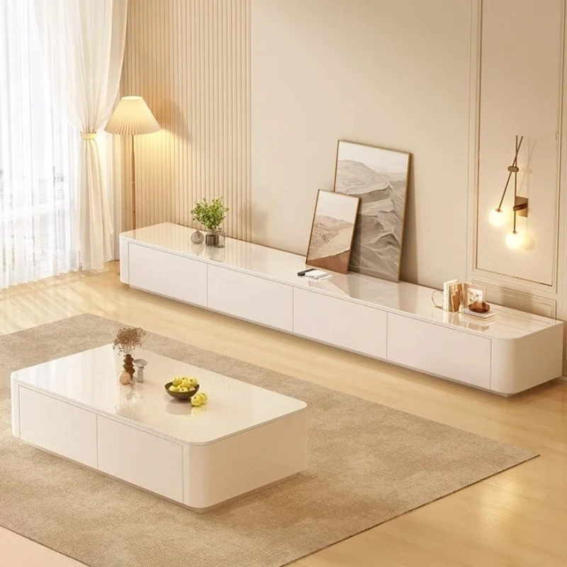 

White Solid Wood TV Cabinet And Coffee Table Rock Slab Desktop Artificial Leather Facing Home Furniture TV Stands Self Contained