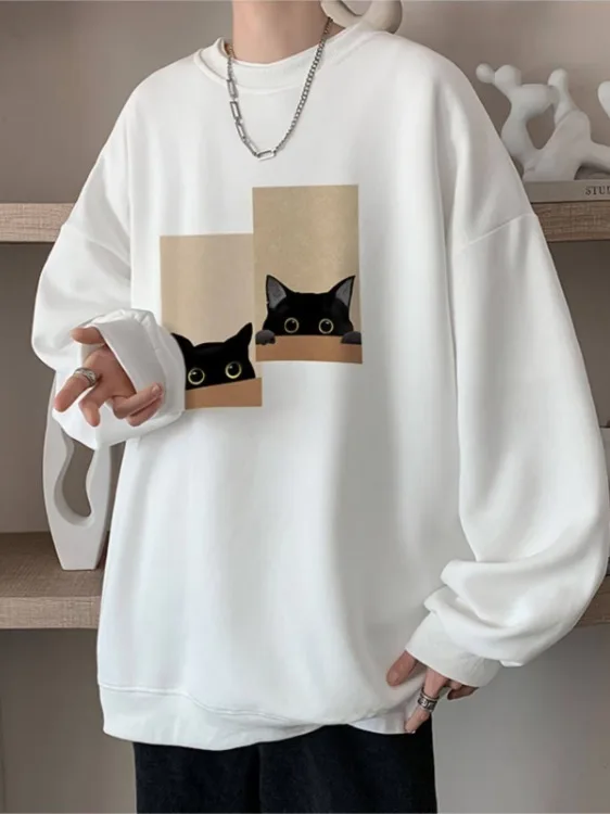 

Мужская толстовка оверсайз (XL) из плотной ткани (300 г/м²) с круглым вырезом, базовый слой, свободный крой, простой стиль, черная, верхняя одежда для осени и зимы, уличный стиль