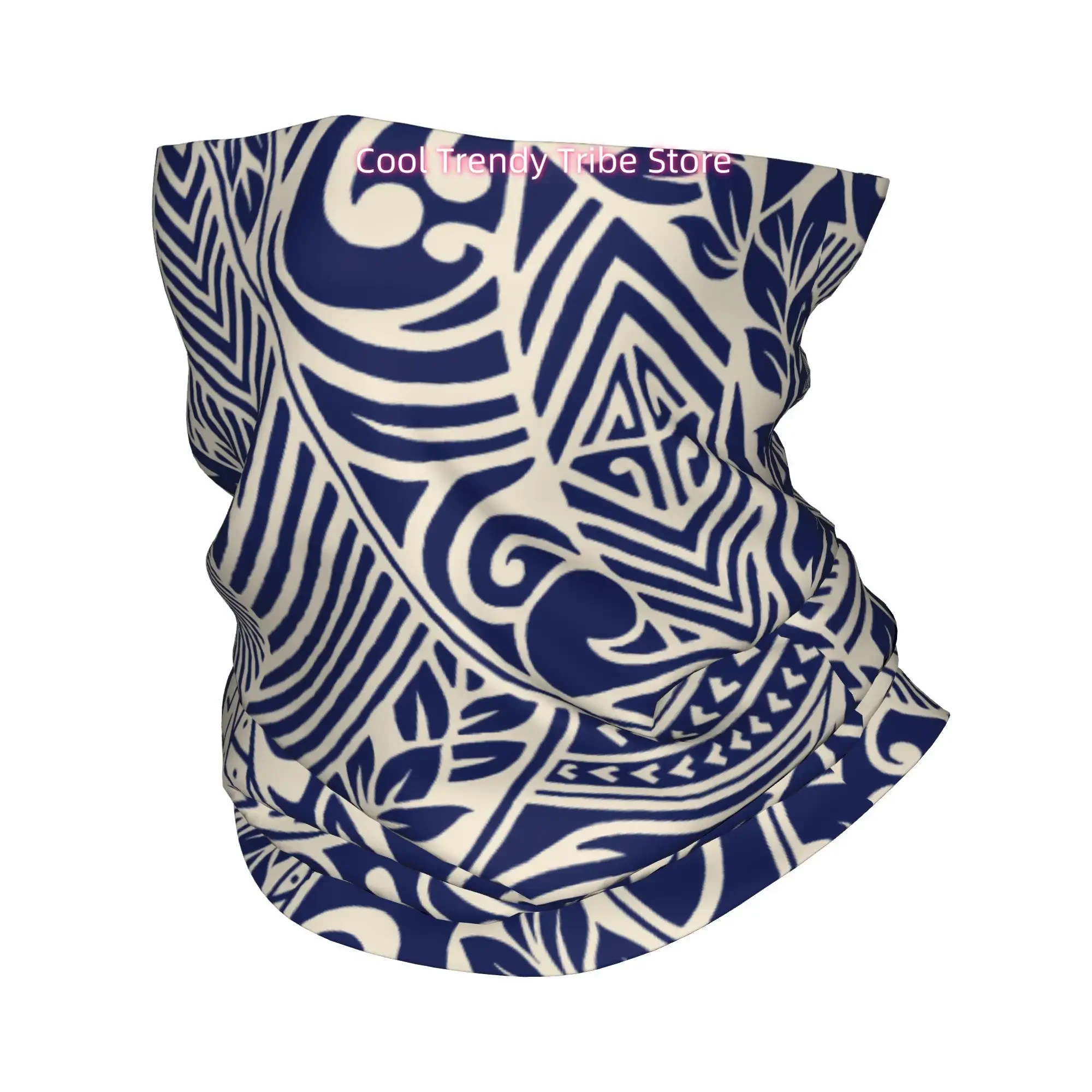 Bold Polynesian Tribal Pattern with Geometric Swirls in Navy Blue And Cream Novelty Head Scarf Bandana for Women Boho Floral Hai