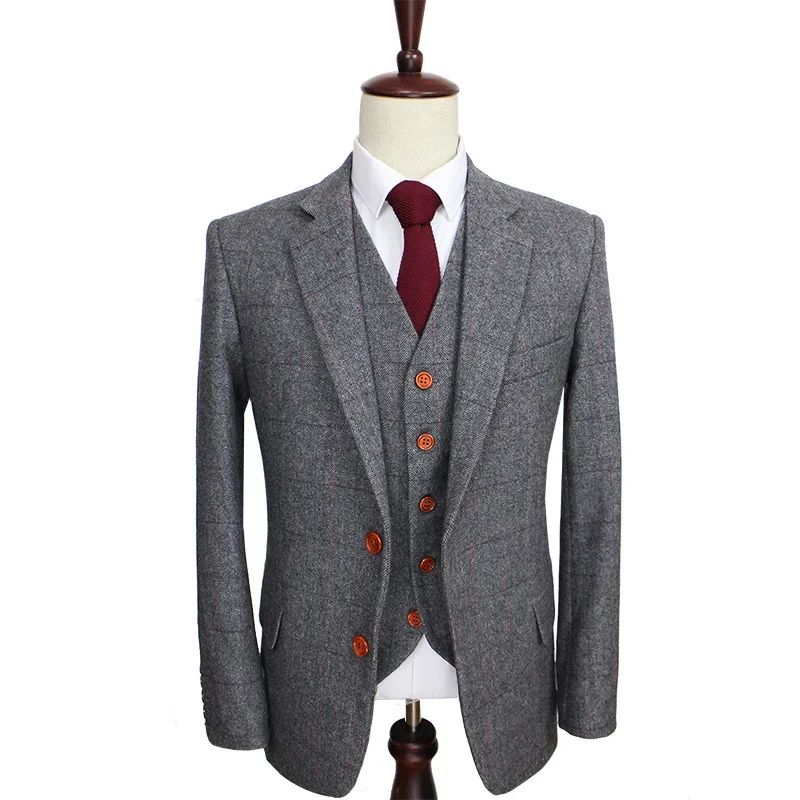 2025 Wool Retro Grey Herringbone Tweed British style custom made Mens suit tailor slim fit Blazer wedding suits for men 3 piece