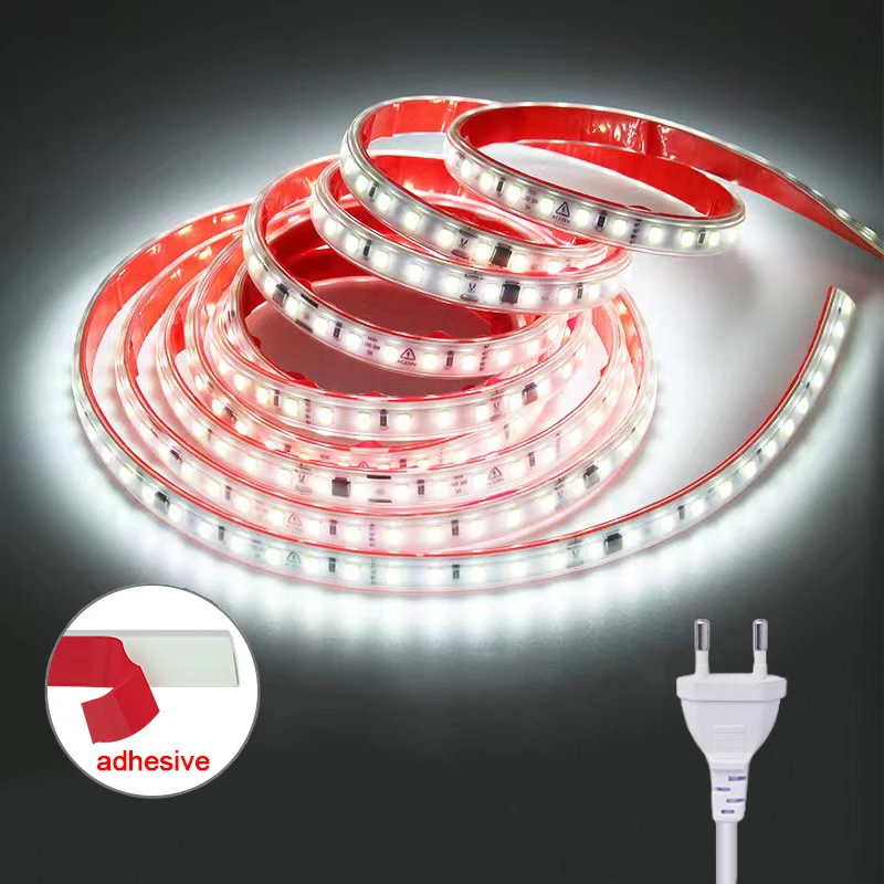 

Водонепроницаемая светодиодная лента с вилкой европейского стандарта, 220 В переменного тока, светодиодная лента, клейкая гибкая лента, лампа 1–50 м для украшения освещения кухонной комнаты