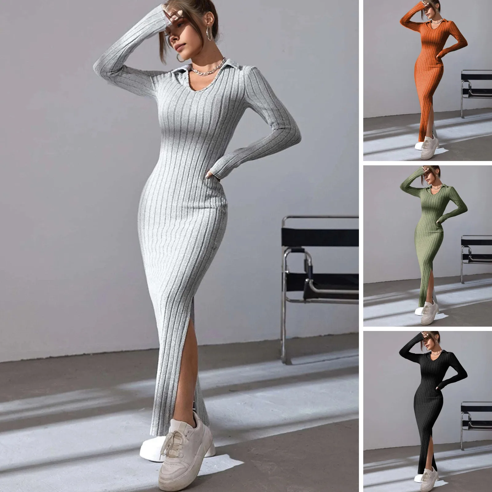 

Spring Autumn Sexy Knitted Long Dress Women Long Sleeve V Neck Bodycon Maxi Dress Slit Hem Thread Slim Evening Party Dress