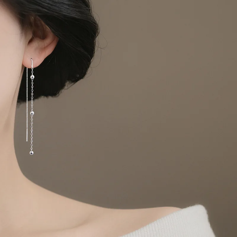 Long Tassel Ball Bead Threader Earrings Silver Metal Thin Chain Drop Ear Line Earrings Minimalist Dainty Women Daily Jewelry
