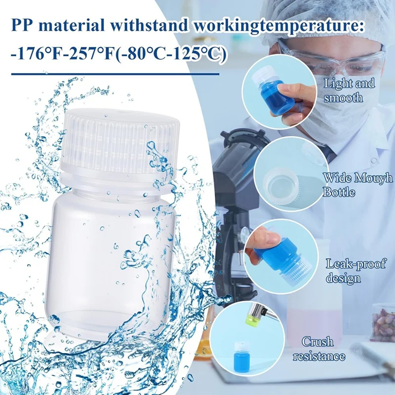 48 Uds. Botella de píldora de 1 Oz, botella de muestra de polipropileno, botella de reactivo de boca ancha, contenedor de muestra de plástico PP con tapa