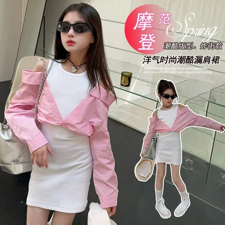 

Korean girls pencil dress 2024 spring stitching color matching slim kids clothes dresses vestidos streetwear 6 to 16 years