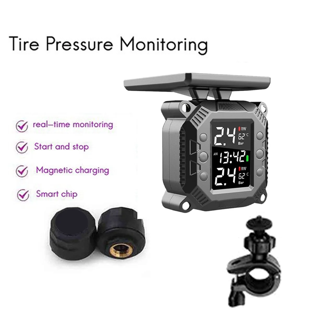 Wireless Motorcycle TPMS Tire Pressure Monitoring System Solar External Sensor Temperature Monitor Water Proof C