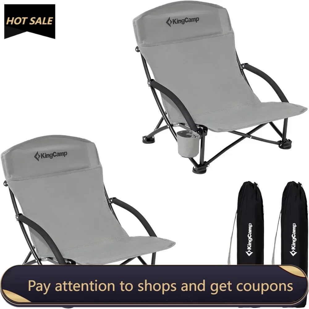 Low Folding Beach Chairs for Adults,Portable Lightweight Lowback Sling Chair with Headrest,Cup Holder,Carry Bag Armrest