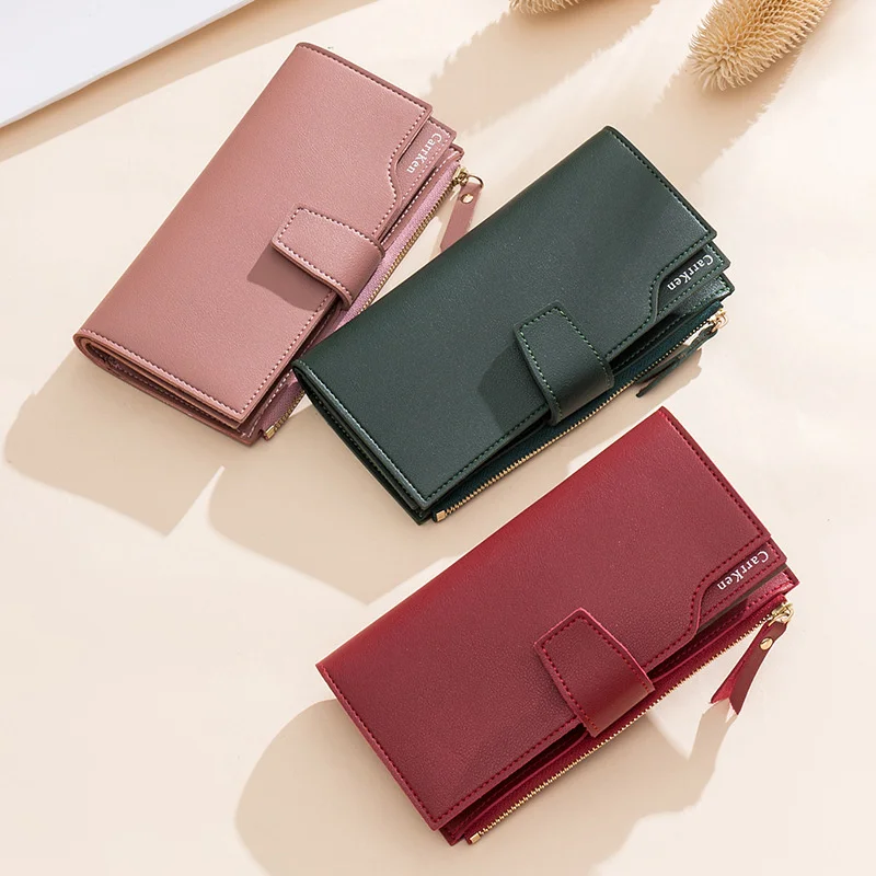 PU Leather Ladies Long Wallet Three Fold Money Clip with Zipper and Buckle Large Capacity Card Holder Korean Style Coin Purse