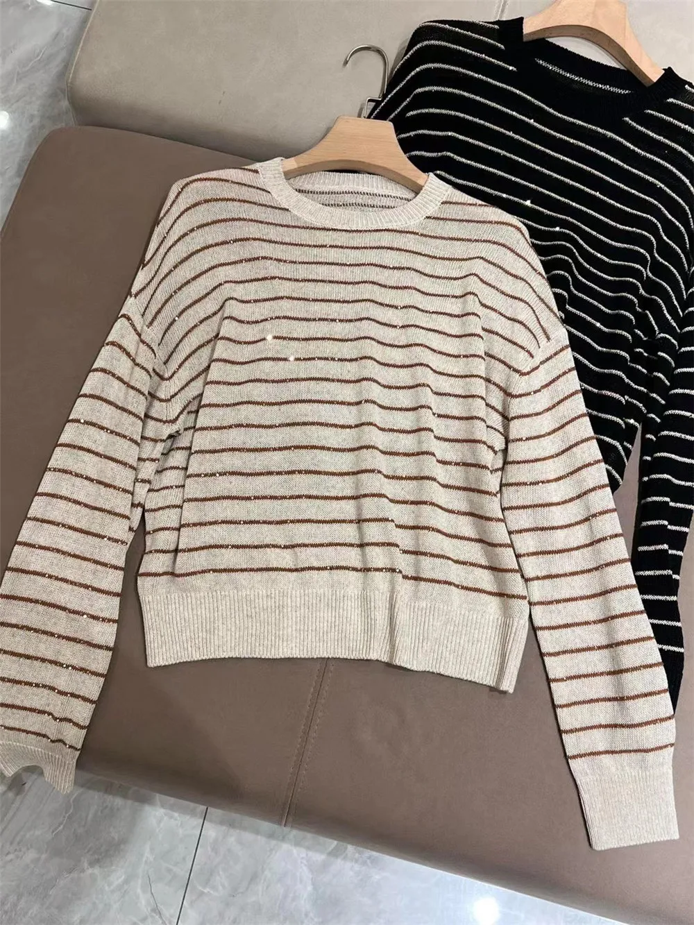 2024 Frühling Damen Strick pullover gestreift lässig lang ärmelig Top neu bc