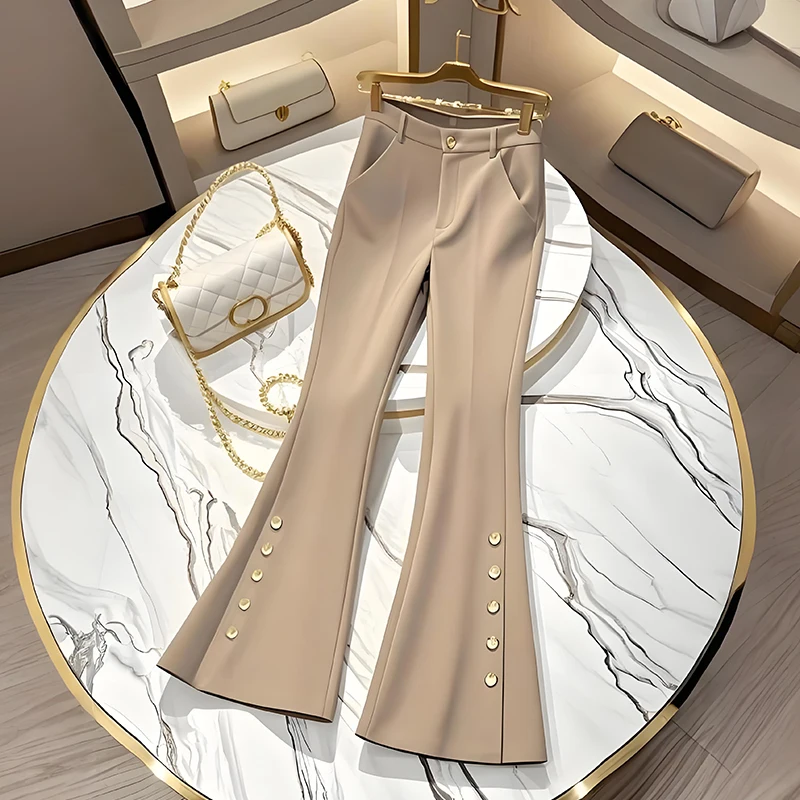 Fashion Khaki Suit Pants Versatile Slim Micro Flared Pant for Women Spring Autumn Design Button Long Trouser Small Fragrant 113H