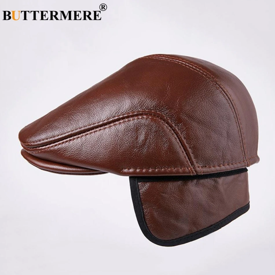 BUTTERMERE Genuine Leather Flat Caps Berets Men Brown Duckbill Hat Cowskin Male Real Leather Autumn Winter Cabbie Driving Caps