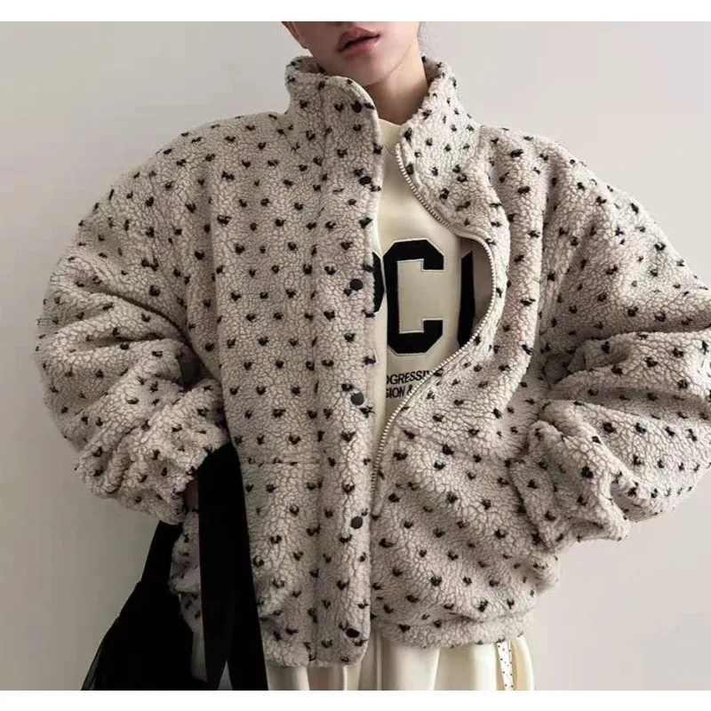 Winter New Korean Version Stand-up Collar Love Polka Dot Warm Lamb Wool Jacket Plush Cotton Coat