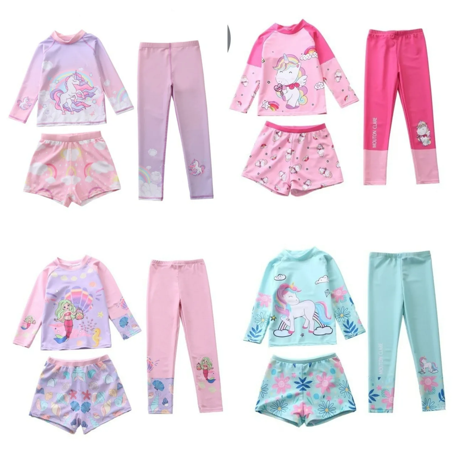 3 Piece Set Girls Swimwear Cartoon High-Stretch Long Sleeve Conservative Swimsuit for Kids Rash Guard
