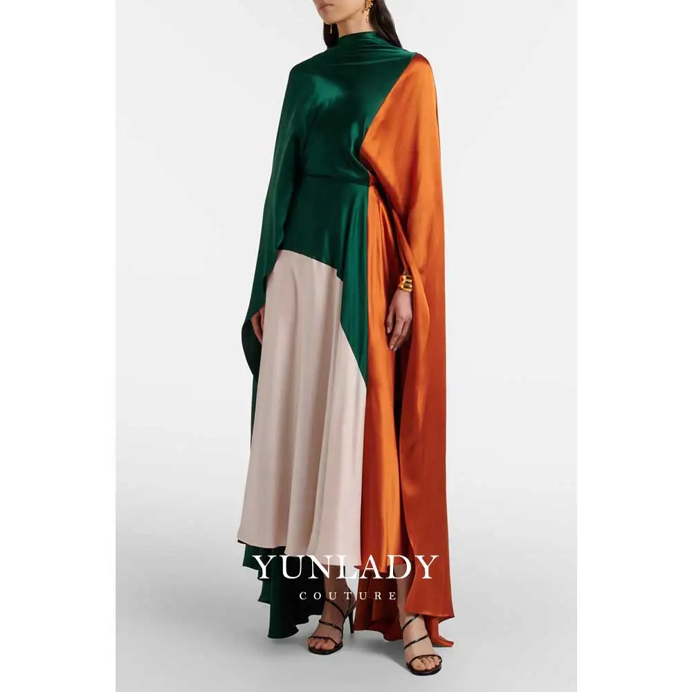 YUNLAN Customized Elegant Saudi Arabian Green Silk Crepe Shawl-Style Maxi Evening Gown, Wedding Guest Cover-Up Robe for Women