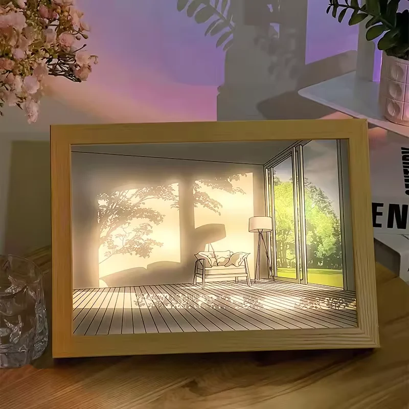 INS Deco LED Light Painting USB Plug Dimming Wall Gift Indoor Sunlight Window Wooden Photo Night Luminous Artwork Table Lamp