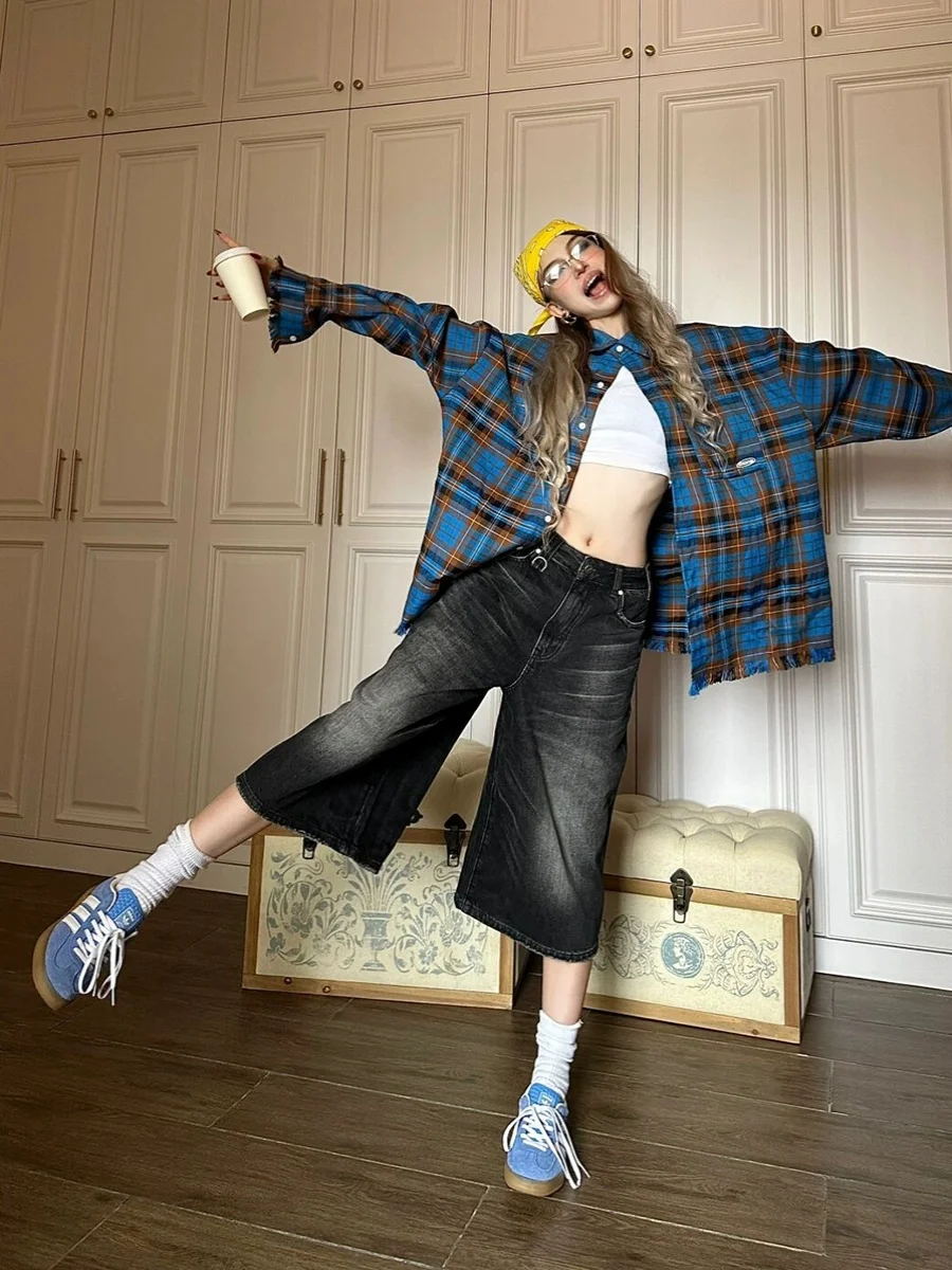 Y2k Woman Blue Jeans Lace Up Button Row Double Buttoning Fold Details Trousers Denim Fashion Ladies Female Clothing Comfortable