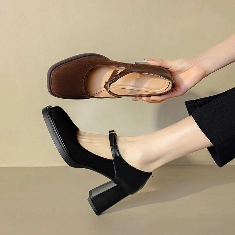 

Suede Mary Janes Single Strap Chunky Heel Shallow Versatile Dressy Chic Statement Shoes