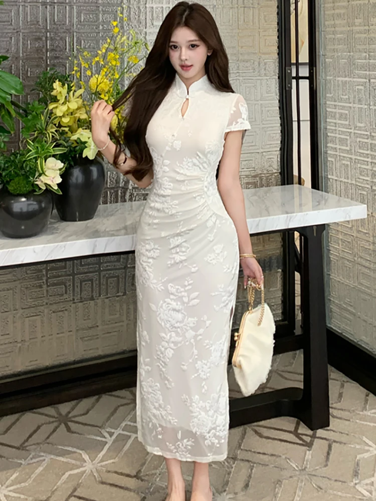 2025 nieuwe witte jacquard stand kraag lange jurk vrouwen elegante luxe party vestidos zomer koreaanse bodycon festival avondjurk